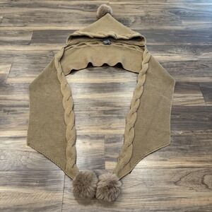 Anthropologie Scarf Womens One Size Beige Hooded Cable Knit Faux Fur Pom Pom
